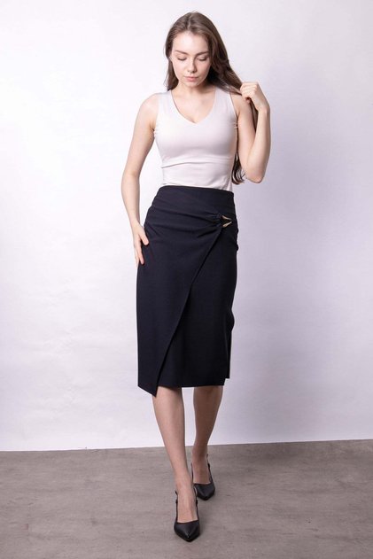 Women's Lightweight Lycra Fabric Double-Breasted Pencil Skirt with Accessories and Side Deep Slits Below the Knee - Navy Blue
