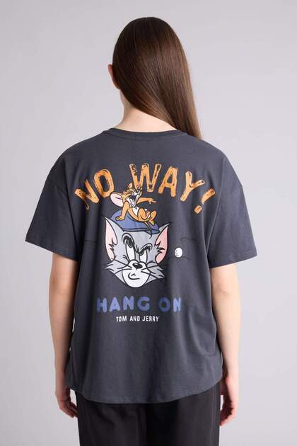 Defacto %100 Pamuk Tom & Jerry Oversıze Bisiklet Yaka Sırt Baskılı