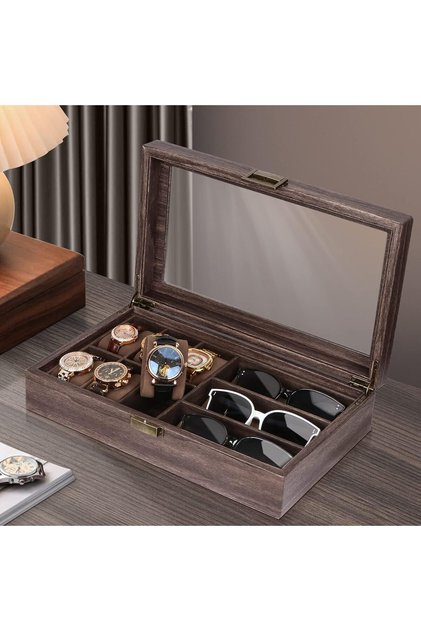 Watch Box Sunglass Organizer with Real Glass Top, 6 Watch Case and 3 Slots Sunglasses Box f