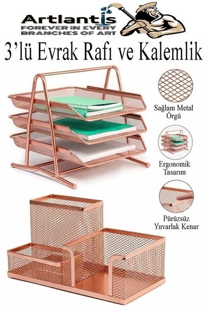 Copper Gilded Metal Document Rack 3-Piece and Desktop Pen Holder 1 Pack Desktop A4 File 3-Tier Organizer