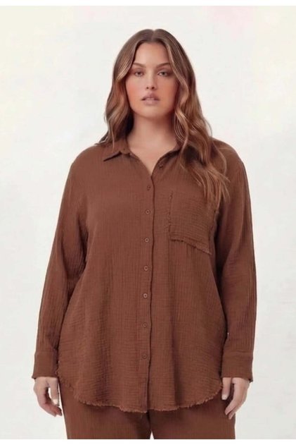 Muslin Fabric Plus Size Shirt Brown