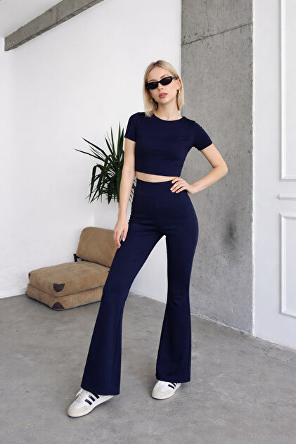 Women's Crop Blouse Leggings Basic Set Zyn-58842