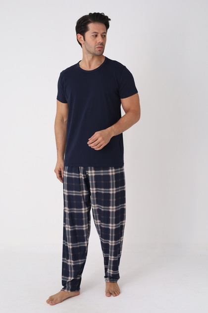 Erkek Ekoseli Lacivert Pijama Takımı