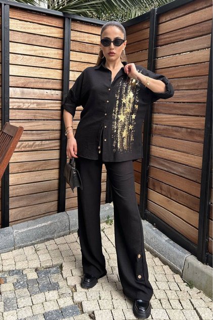 Shirt Detail Star Foil Trousers Suit - Black Black