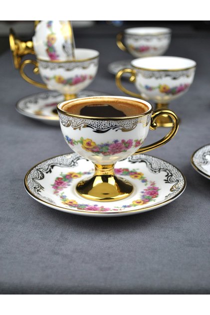 2-Person Porcelain Pink Floral Vintage Gold Footed Coffee Cup Set 90 ml