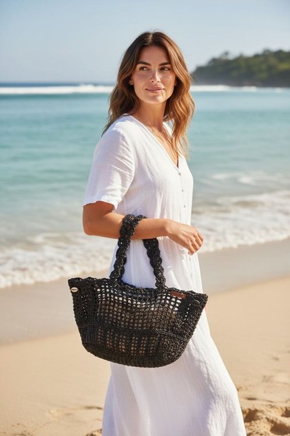 Women's Black Hand-Knitted Straw Bag with Button Detail