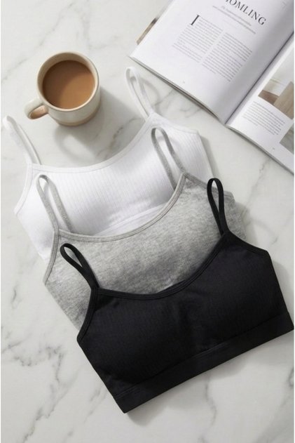 Women's Ribbed Black-White-Grey String Strap Bustier Half Tank Top with Removable Pads, 3 Pieces