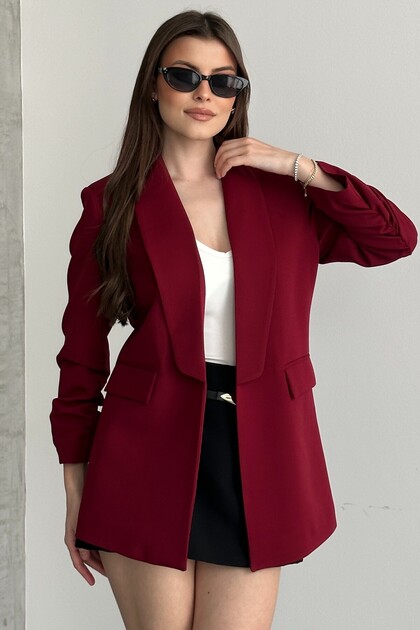 Jachetă blazer de damă, culoare burgundy, cu mâneci cu șnur, jachetă elegantă de birou, cu guler dublu, jachetă blazer modernă