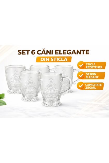 Set 6 Căni Sticlă TAJ 250ML – Pahare Cafea Elegante cu Model Coroană, Rezistente, Design Premium