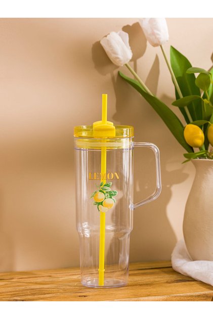 Colorless Lemon Printed Glass Cup with Straw 1200 ml