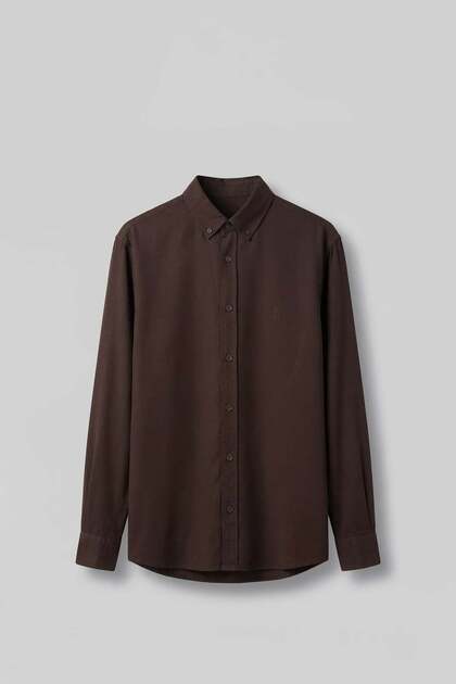 Erkek Relaxed Minimal Nakışlı Basic Tencel Gömlek Kahverengi