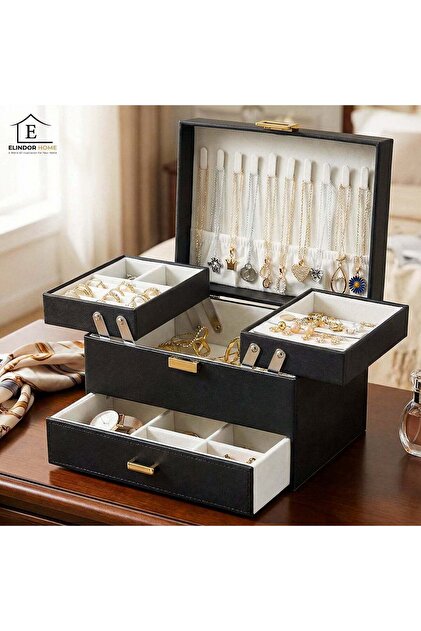 ® Organizator pentru bijuterii cu 3 niveluri, 1 sertar, spațiu de depozitare pentru inele, 22,5 × 15,5 × 14 cm