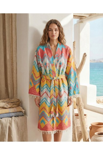 %100 Pamuk Etnik Desenli Saçaklı Cepli Kimono Bornoz – Yumuşak Dokulu, Deniz & Spa Kullanımı
