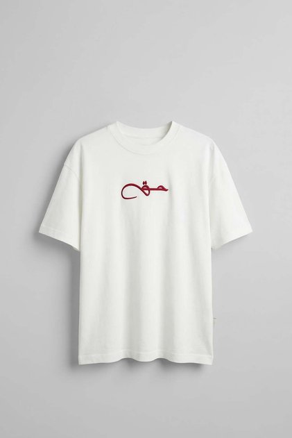 Tricou pentru bărbați, supradimensionat, cu broderie și imprimeu pe spate, cu model de covor, Ecru