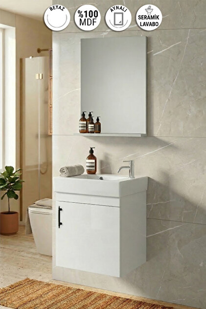 Lale 50x25 cm Beyaz MDF Seramik Lavabolu Asma Banyo Dolabı Takımı