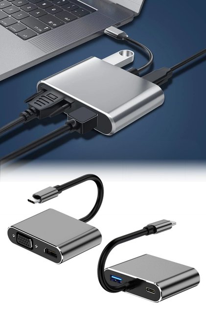 ® 4-in-1 Type-C to Hub Converter Adapter – 4K Ultra Hd HDMI & Vga Video Transmission, Pd
