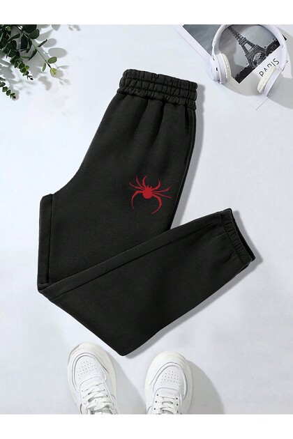 Sweatpants - Printed High Waist Elastic Cuffs