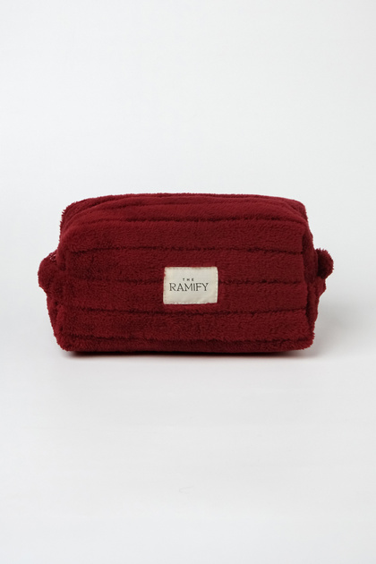 Striped Plush Fur Large Size Quilted Makeup Bag Burgundy
