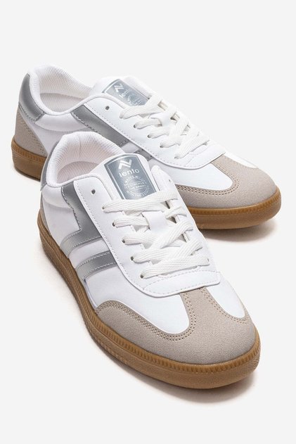 Double-Faced Flat Sole Lace-Up Women's Sports Shoes White Silver