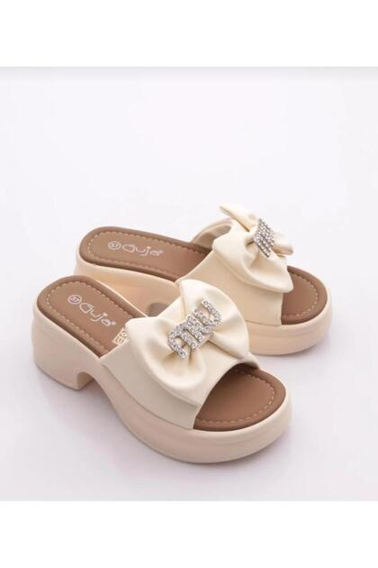 26Y453-1 Thick Heeled Platfom Sole Premium Slippers with Bow and Stones