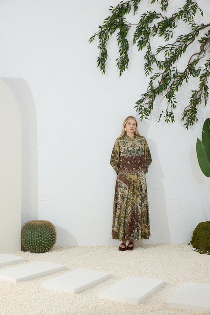 Khaki Patterned Flared Skirt