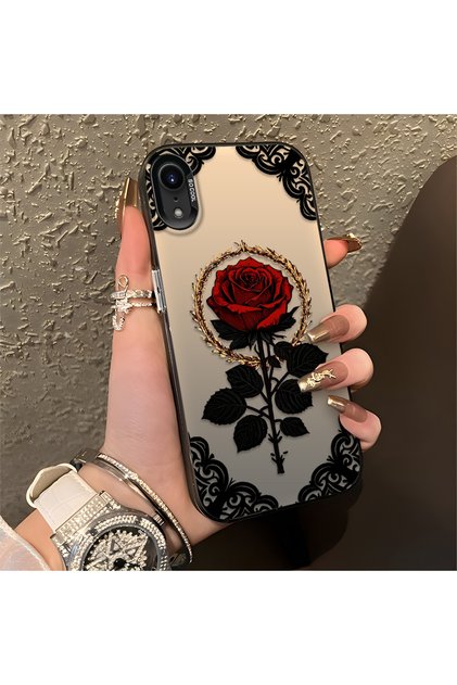 iPhone Xr Compatible Silicone Edge Hard Back Anti-Fall Phone Case Rose Pattern