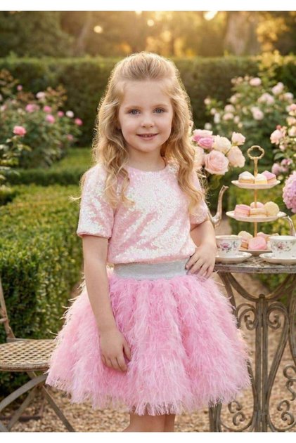 3-7 Years Old Girls' Evening Dress Wedding Birthday Model Pink Sequined Double Suit-4 Y