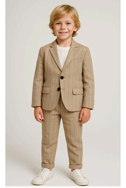 9-14 Years Old Boys' Suit Graduation Wedding Birthday Model Beige Striped Blazer Jacket-10 Y