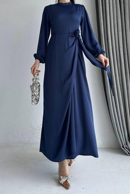 Side Gathered Dress with Elastic Sleeves - Navy Blue
