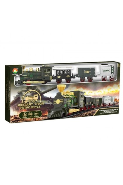Set Tren Retro Clasic negru−auriu−verde cu cale ferata, 3 vagoane, sunete Christ