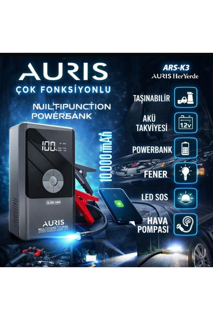 ARS- K3 10000mah power bank araç takviye kompresör led ışık hepsi bir arada