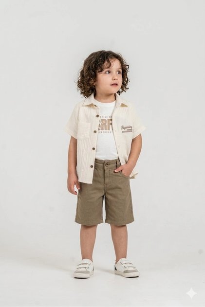 Boy's 100% Cotton Muslin Shirt, T-Shirt and Shorts Premium Set + Hat as a Gift