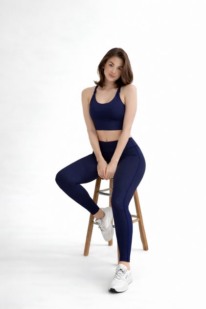 Women's Navy Blue Gathering High Waist Basic Sports Leggings with Side Seam Detail