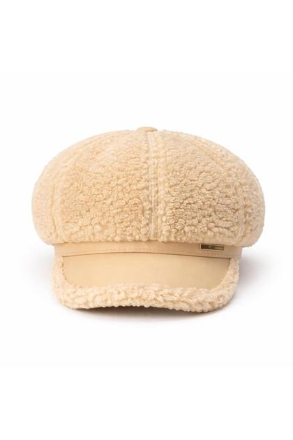 Women's Plush Hat Leather Visor Winter Teddy Hat Soft Warm Beanie Cream