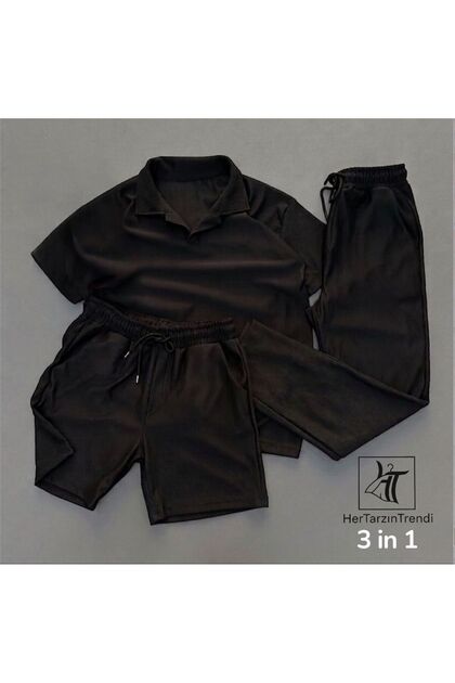 Ottoman Patched Polo Collar T-Shirt, Shorts and Baggy Sweatpants - 100% Cotton - Summer, Casual 3-Piece Set