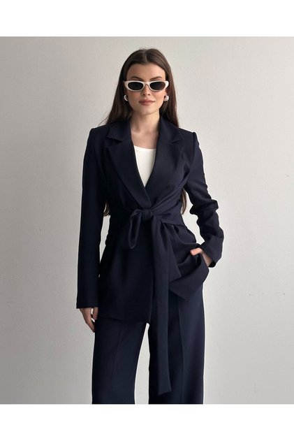 Women's Two-Piece Suit Blazer Jacket and Trousers Navy Blue - Belted Double-Breasted Collar Stylish Suit