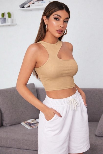Rose Women's Asymmetrical One Shoulder Cut Out Detailed Camisole Crop Tank Top