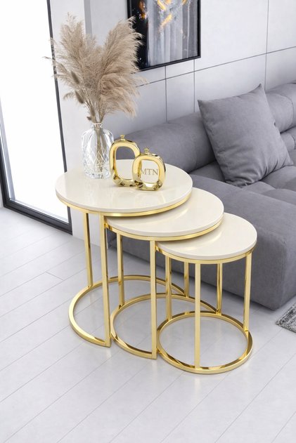 ARMONI 3'lü Sehpa GOLD Ayak parlak Krem Mebran mdf (ÜRÜN DEMONTEDİR)