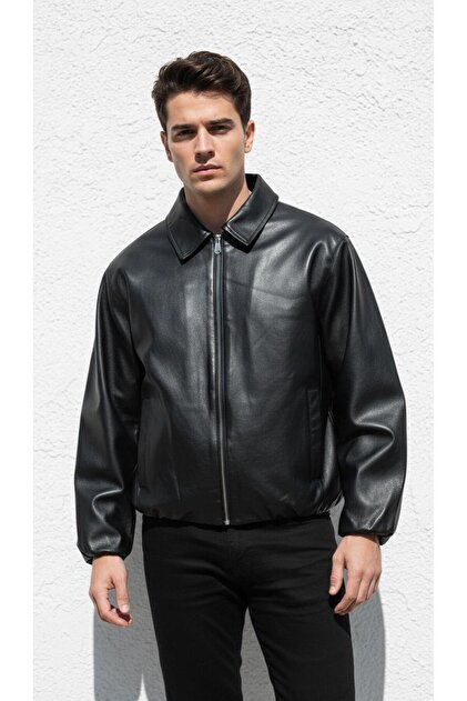 Plus Scorpion Men's Leather Look Bomber Coat Jacket – Casual