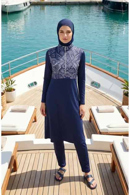 Ethnic Patterned Lycra Hijab Swimsuit 2313-02 Navy Blue