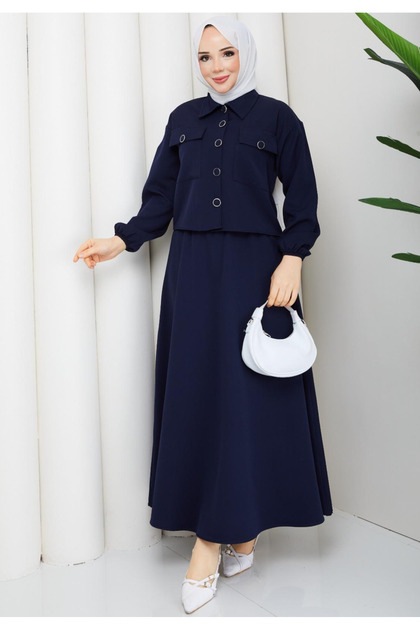 Buttoned Pocketed Shirt Skirt Hijab Set