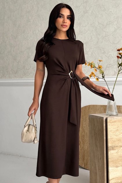 Women's Short Sleeve Midi Modal Stylish Dress with Detachable Buckle Accessories