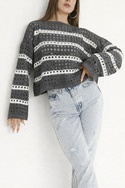 Women's Openwork Striped Perforated Knitwear Blouse Summer Seasonal Long Sleeve Comfortable Fit Slim Knit Sweater