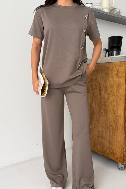 Women's Minimal Design Gold Button Detailed Patchwork Comfortable Fit Modal Set