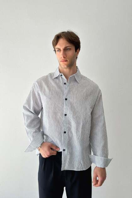 Striped Oversize Navy Blue-Ecru Linen Shirt
