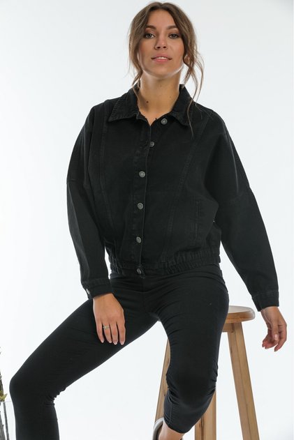 Women's Shirt Collar Regular Fit Button Closure Elastic Waist High-End Bomber Jeans Jacket