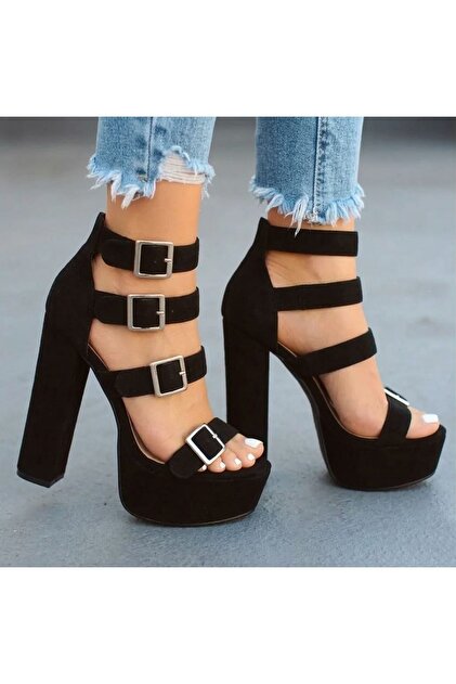 Vesper Women's Black Suede Buckle Heeled Shoes
