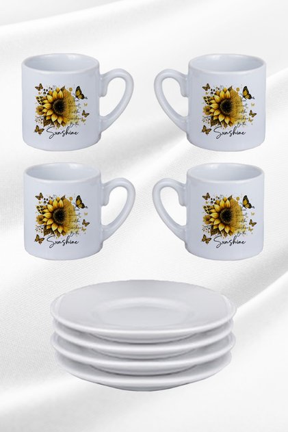 When You Can'T Find the Sunshine, Be the Sunshine. Sunflower Printed 4-Piece Porcelain Turkish Coffee Cups