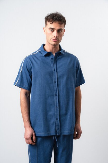 Men's Striped Detailed Long Sleeve Denim Shirt Navy Blue