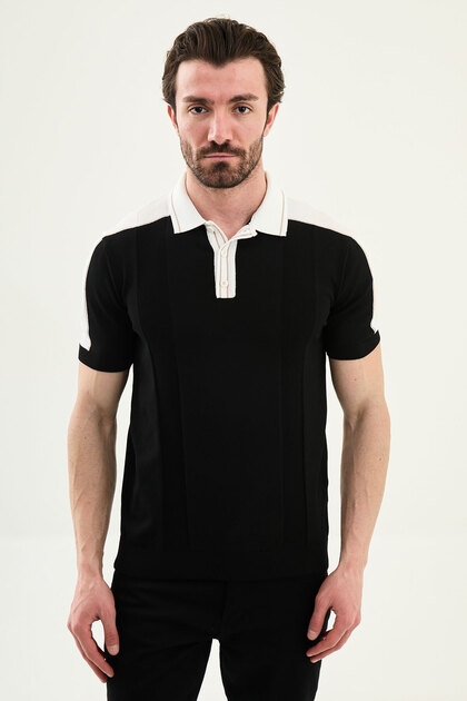 Patterned Slim Fit Polo Collar Zippered Men's Knitwear T-Shirt Black - 11593.26Y